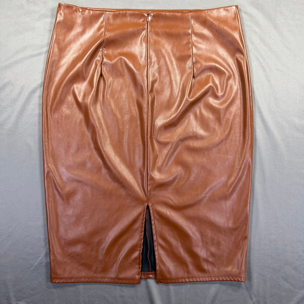 Shein Curve Pencil Skirt Womens 3XL Brown Faux Leather High Waist Slit Office - Picture 2 of 7